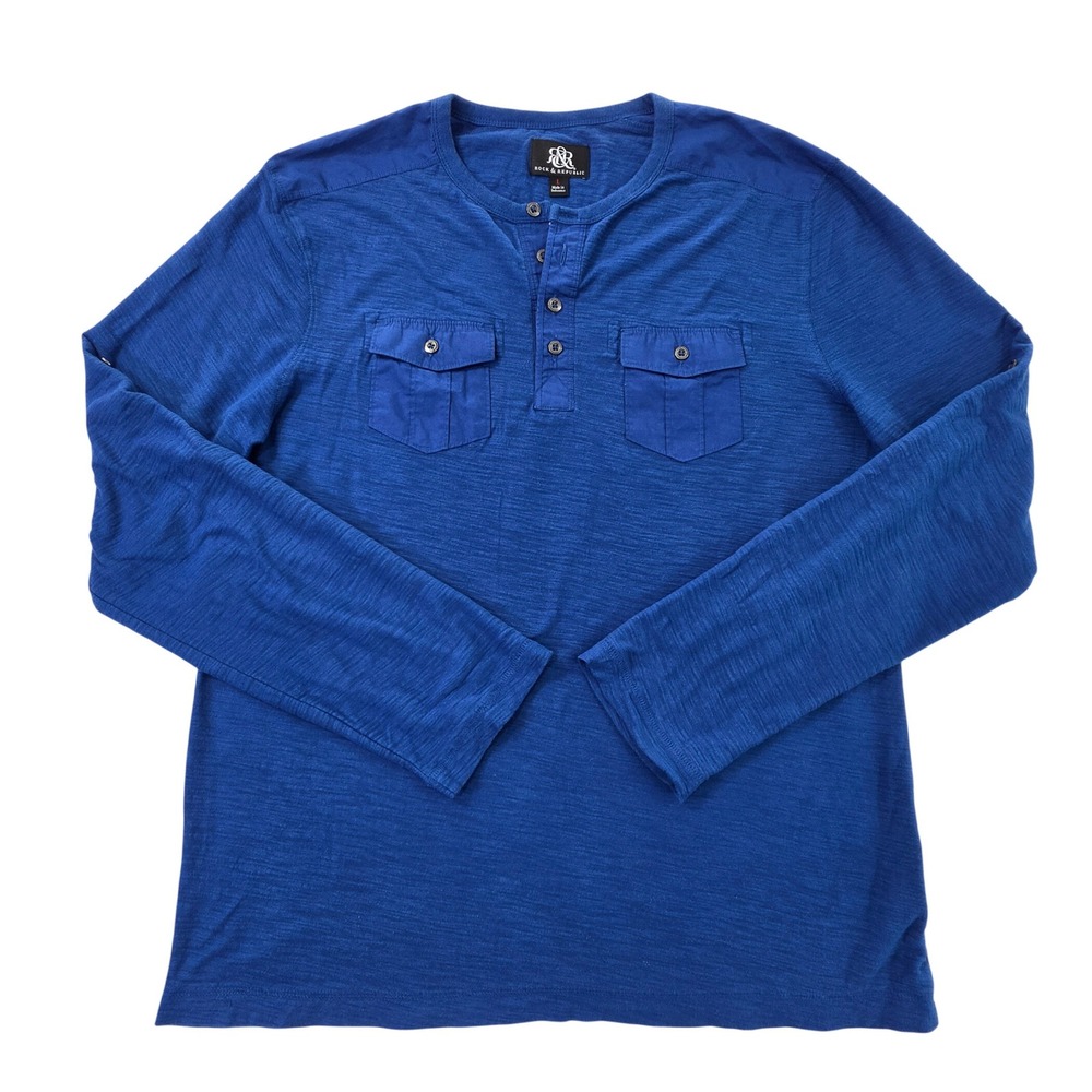 Rock & Republic Mens Blue Henley Long Sleeve Slub Cotton Utility Shirt Large